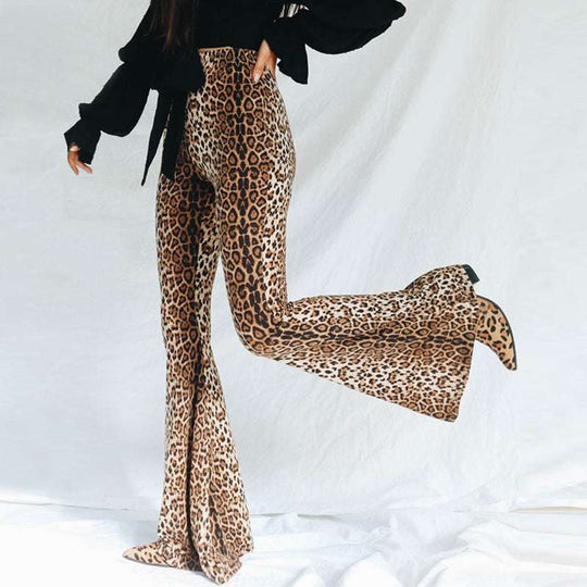 Women's High Waist Casual Pants Fashion Slim Leopard Print Bell-bottom Pants 0 Zimivas