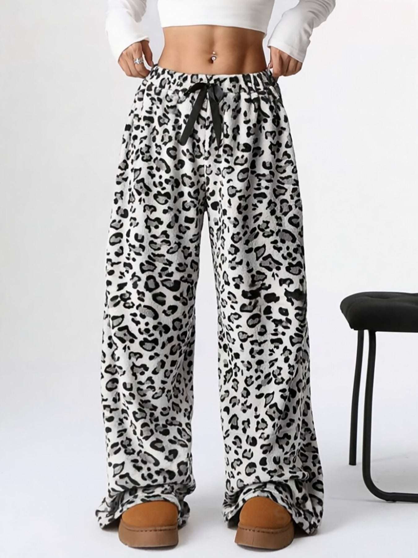 New Casual Pants Leopard Print Wide Leg Pants White Women Clothing Zimivas