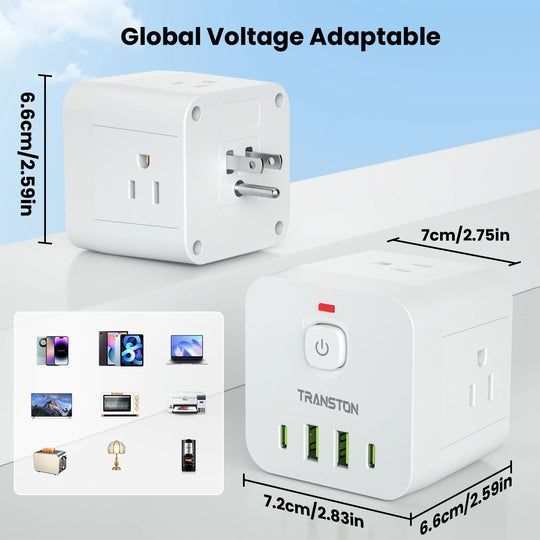 Mini portable cube power socket with surge protector, 4 sockets 2 USB 2 Type-C, suitable for home, travel office, office, white Zimivas