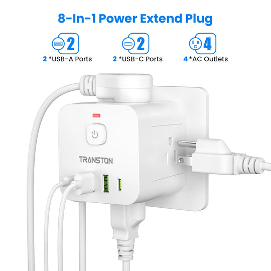 Mini portable cube power socket with surge protector, 4 sockets 2 USB 2 Type-C, suitable for home, travel office, office, white Zimivas