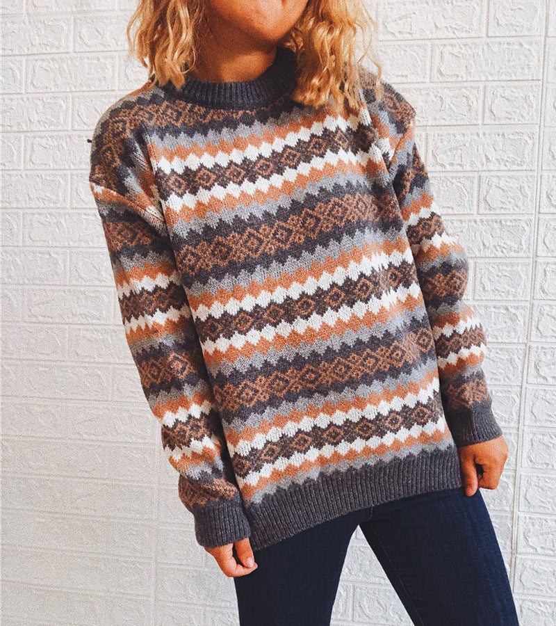 Retro Pattern Round Neck Long Sleeve Knitted women Pullover Sweater Grey Women Clothing Zimivas