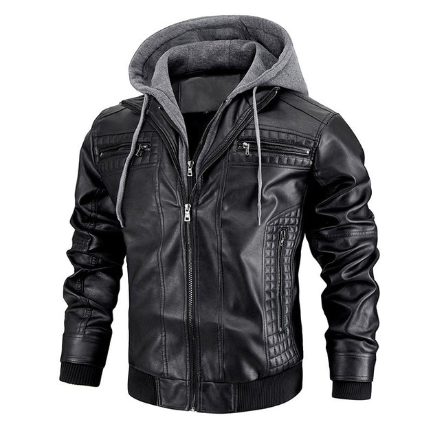 Hooded Jacket With Zipper Pockets Fashion Warm Pu Leather Coat Mens Clothing 0 null