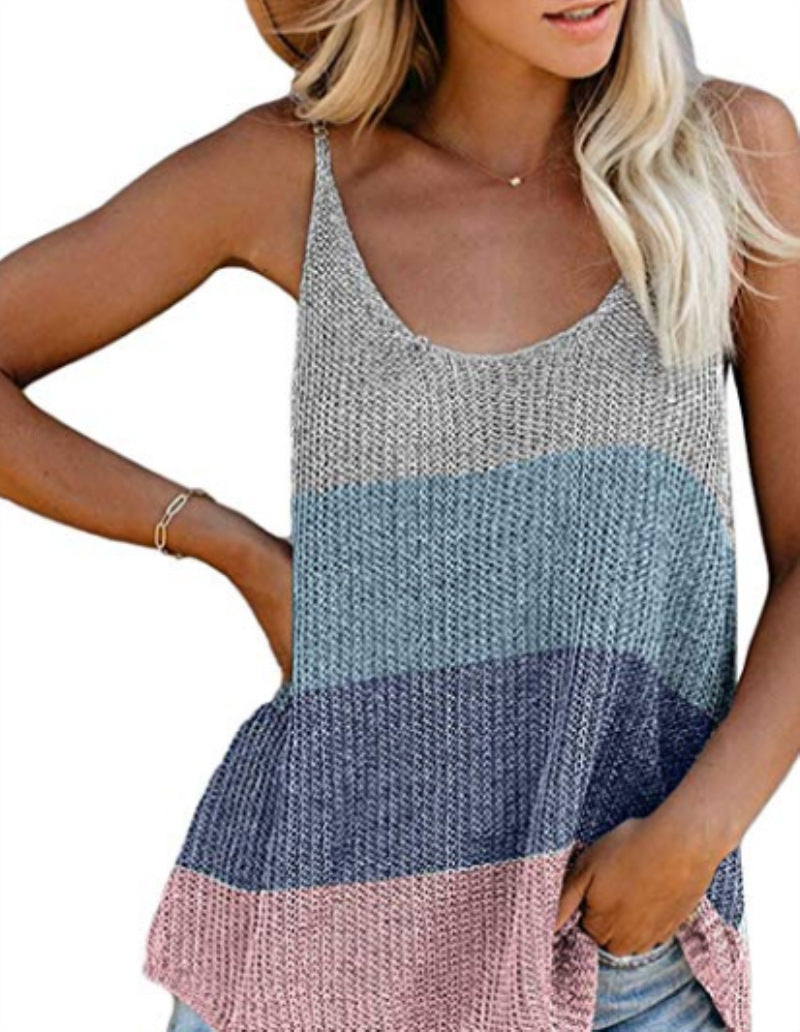 Women Knitted Vest Contrast Color Round Neck Spaghetti Straps Knitted Women Clothing Zimivas