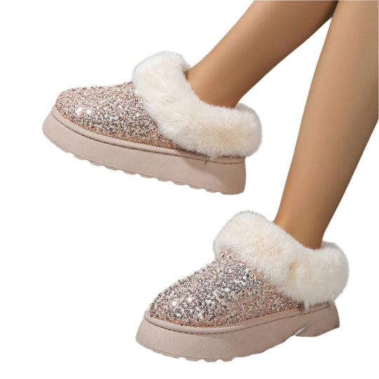 Fashion Sequined Thick-soled Plush Shoes Winter Indoor And Outdoor Casual Warm Slippers for Women Garden House Shoes Pink shoes Zimivas