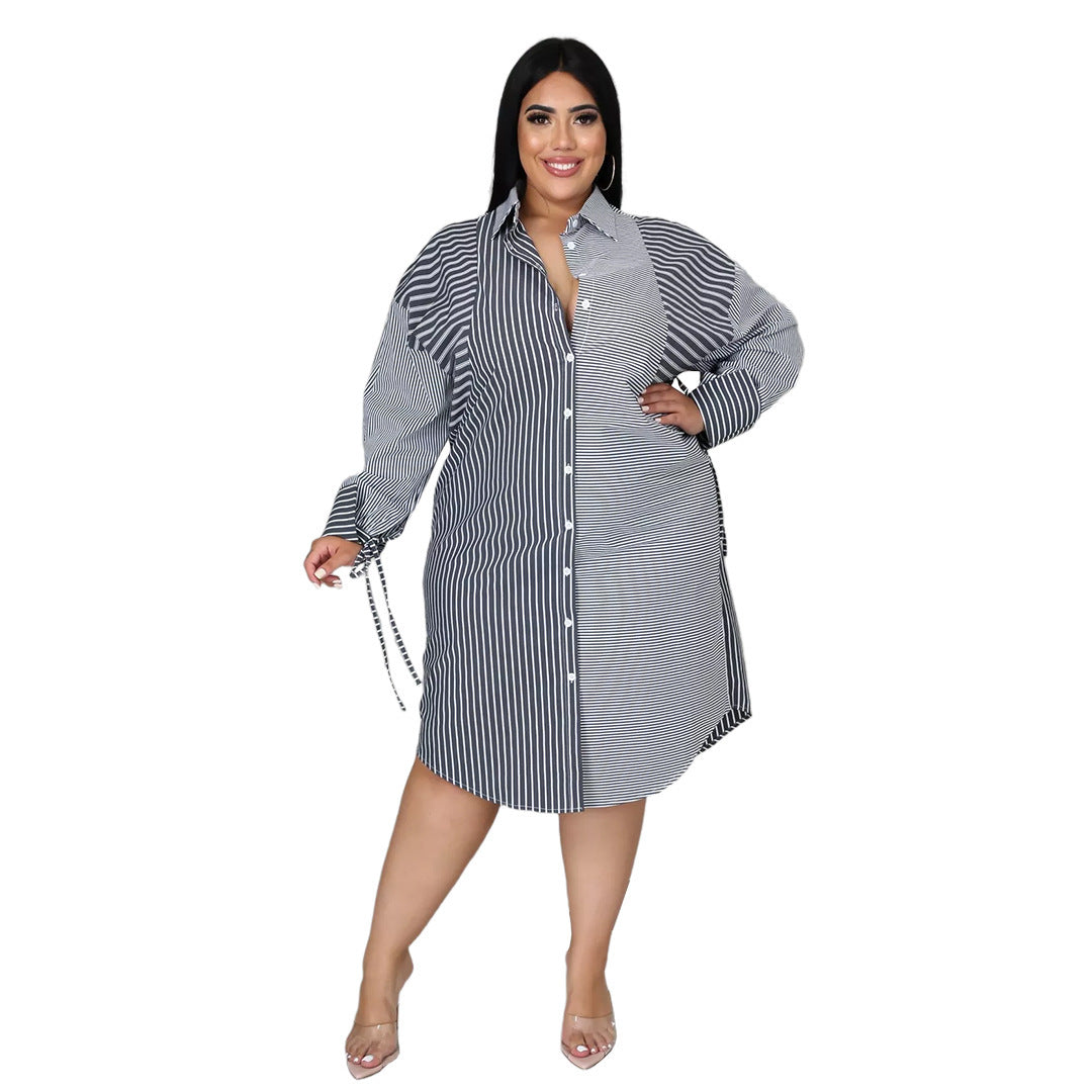 European And American Women's Amazon Stand Alone Cute Fashion Striped Stitching Long-sleeved Lapel Cardigan Grey 0 null