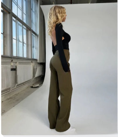 Women's Casual Design Stitching Straight Slim-fit Pants Green 0 null