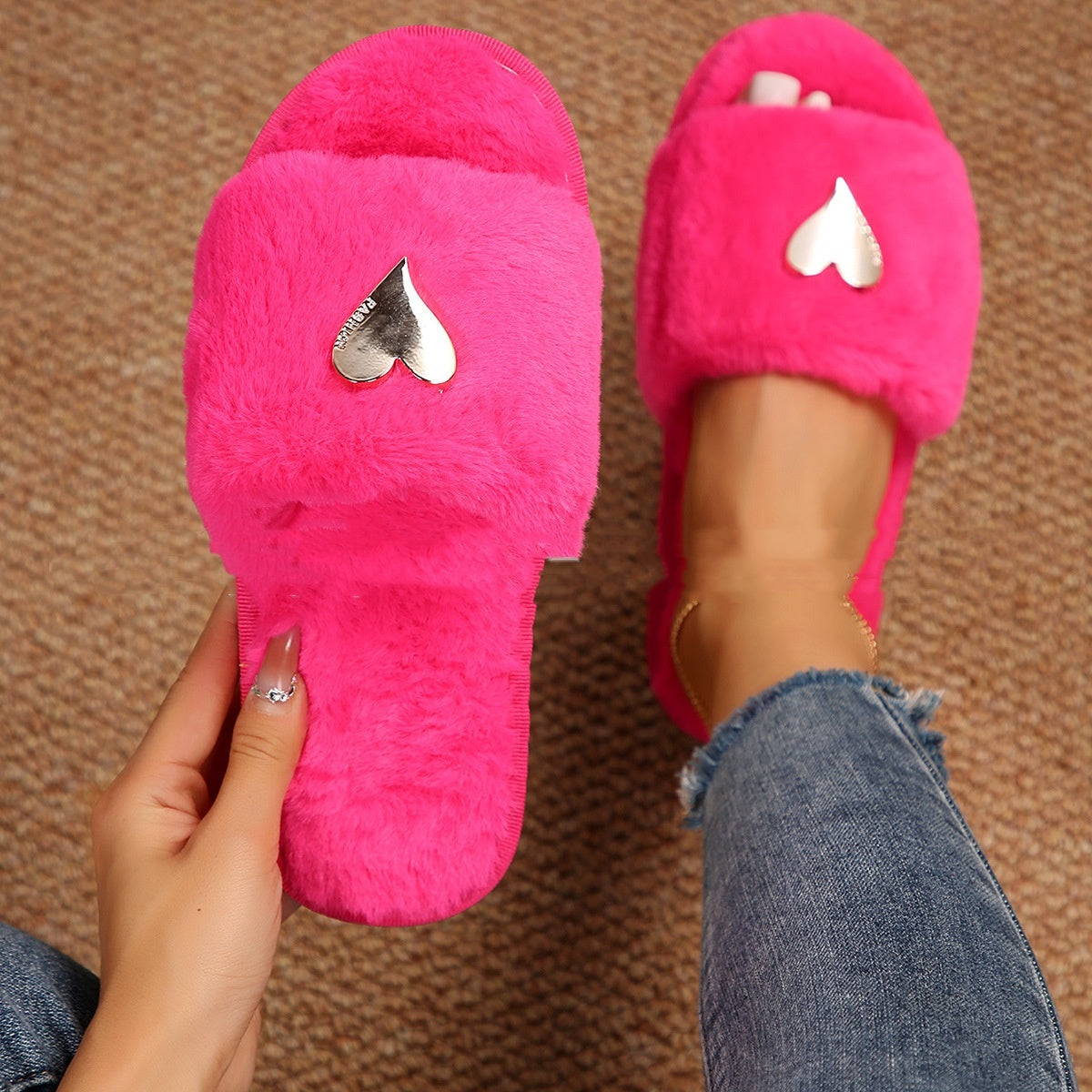 Fluffy Slipper Fall Winter Warm Home Fur Furry Slippers Women Plush Shoes Indoor House Fuzzy Flip Flops Female Padded Fleece Rose Red shoes Zimivas