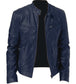 Men's Zip Cardigan PU Leather Jacket With Stand Collar Dark Blue Men Clothing Zimivas