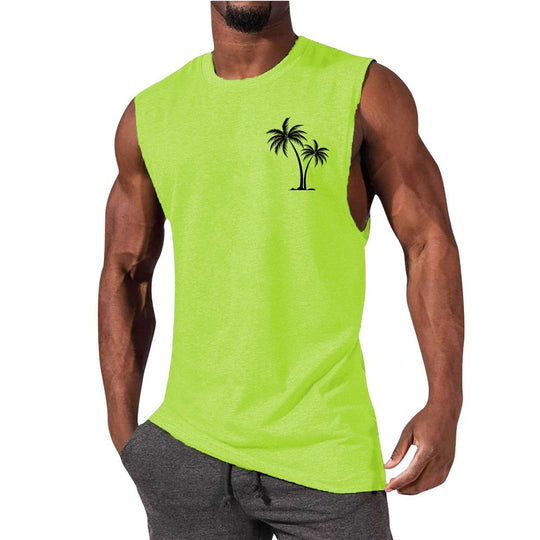 Coconut Tree Embroidery Vest Summer Beach Tank Tops Workout Muscle Men Sports Fitness T-shirt Fluorescent Green Men Clothing Zimivas