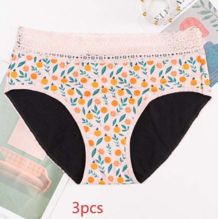 Four-layer Physiological Pants Antibacterial Bottom Gear Briefs Orange print 3PCS women underwear null