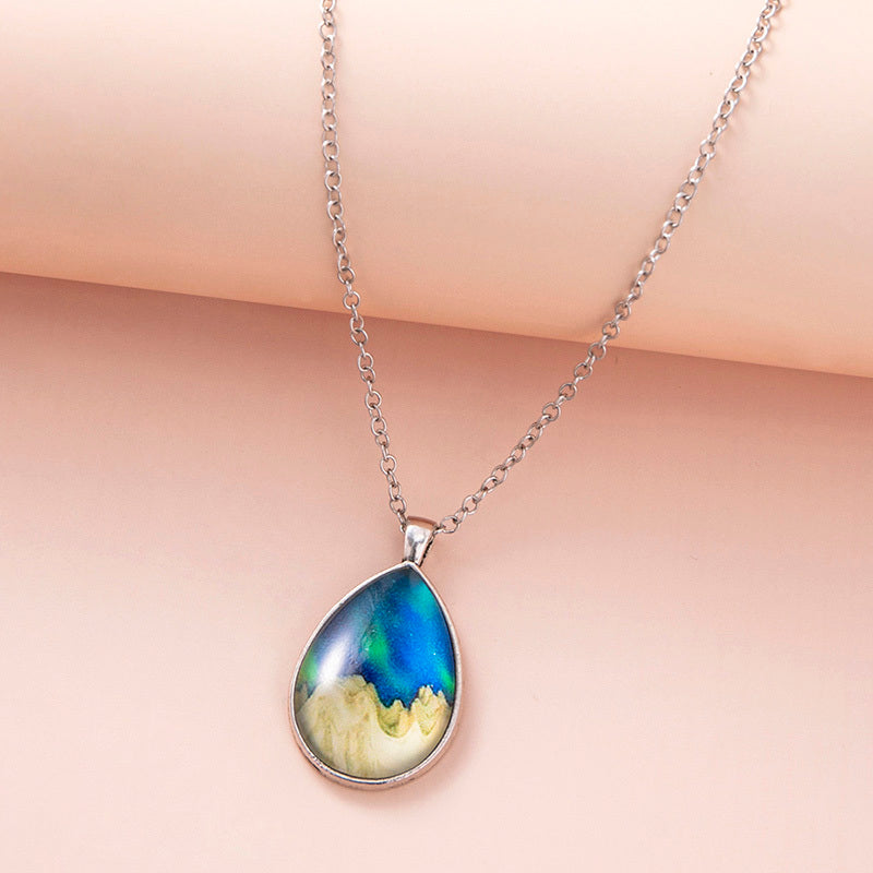 Fashion Aurora Mountains Starry Glass Necklace Silver Teardrop Pendant Necklaces For Women Girls Aesthetic Jewelry Jewelry Zimivas