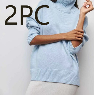 Women's Long-sleeved Pullover Solid Color Sweater Light Blue 2PC M 0 null