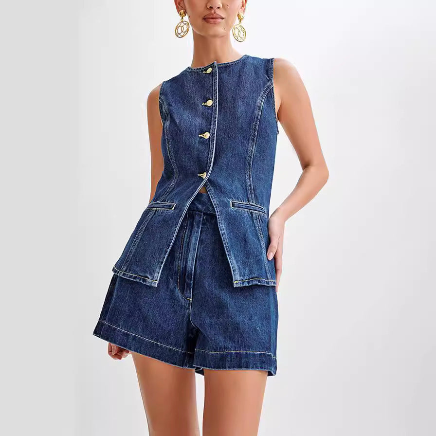 Fashion Denim Suit Summer Casual Sleeveless Button Vest Top And High Waist Shorts Set For Womens Clothing Set 4 null