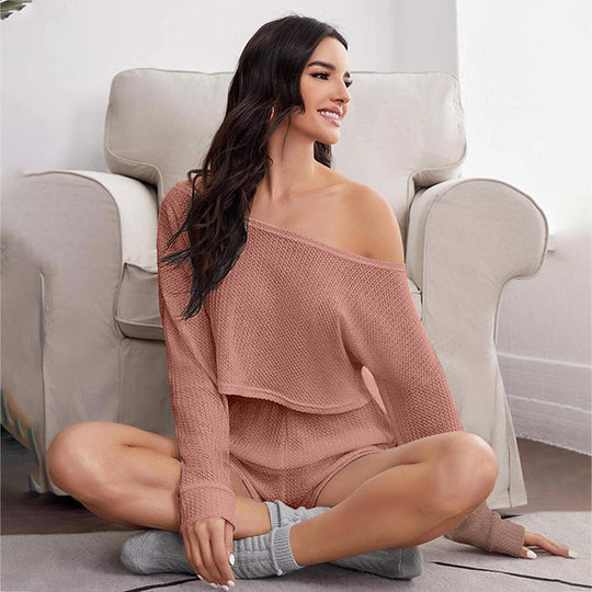 Pajamas Off-shoulder Top Shorts Breathable Waffle Casual Homewear Suit Women Clothing Zimivas