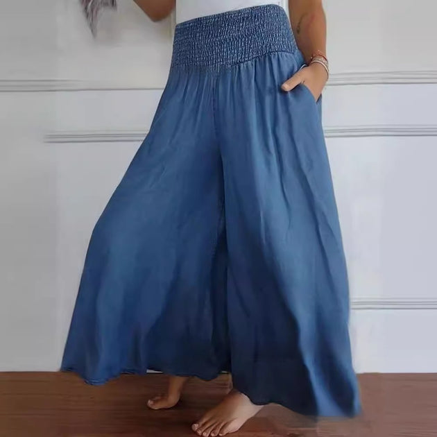 Casual High Waist Smocking Wide Leg With Pockets Denim Women's Pants 0 null