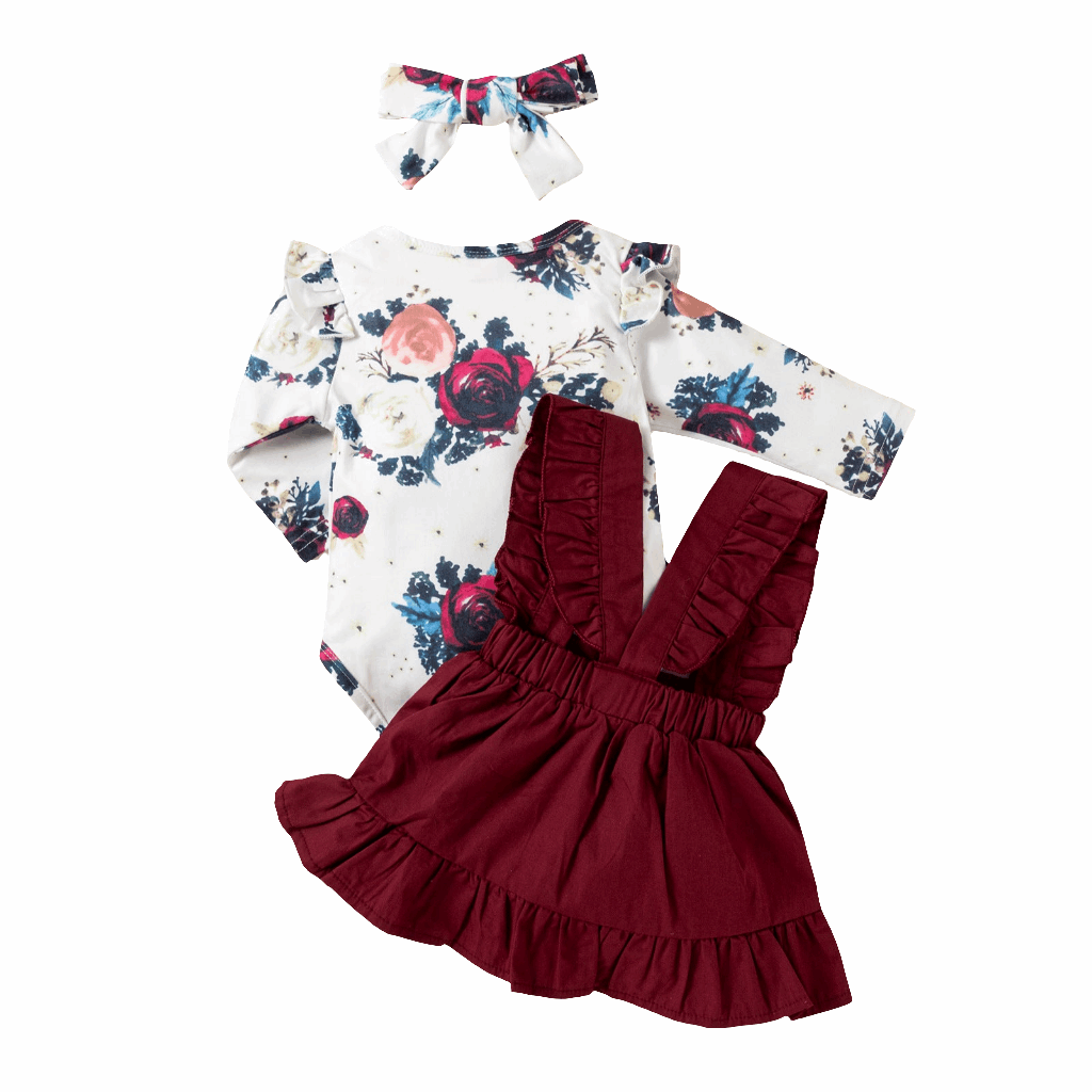 Printed Long-sleeved Baby Girl Romper Two-color Strap Ruffled Dress Headdress Three Pieces kids & baby Zimivas