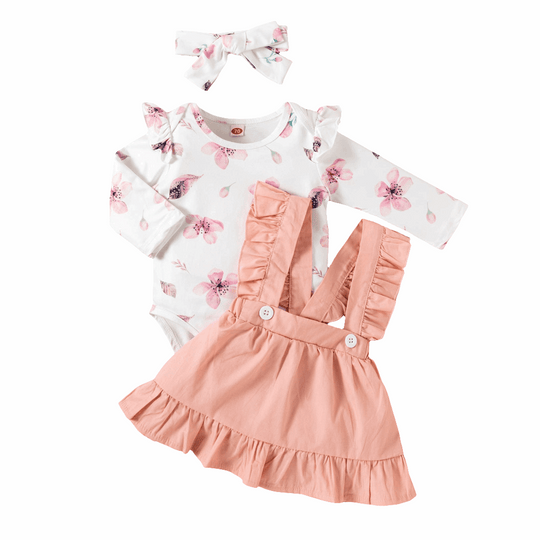 Printed Long-sleeved Baby Girl Romper Two-color Strap Ruffled Dress Headdress Three Pieces kids & baby Zimivas