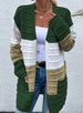 Women's Sweater Jacket with Big Pockets Autumn and Winter Long Striped Color Matching Cardigan Green And White Women Clothing Zimivas