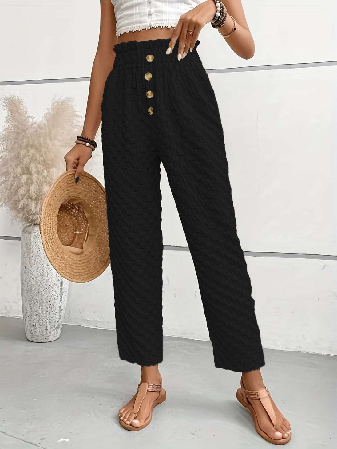 Women's Slim-fit Buttoned Straight Loose Trousers Black Women Clothing Zimivas