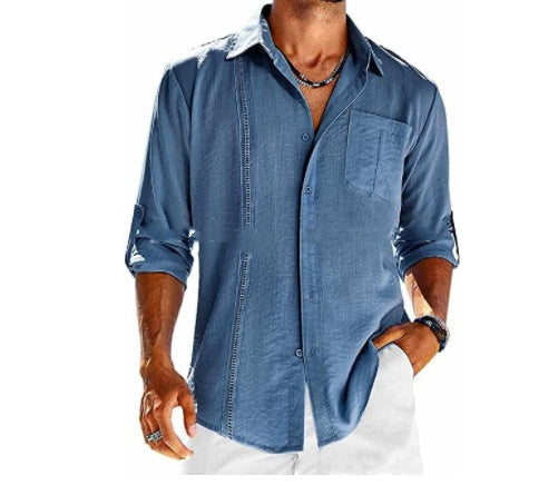 Men Button Down Linen Shirts Casual Long Sleeve Regular Fit Cotton Beach Shirts Pocket Lace Polo Collar Dark Blue Men Clothing Zimivas