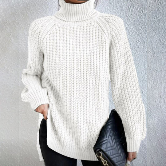 Turtleneck Pullover Sweater With Split Design Fashion Simple Solid Color Long Sleeve Tops Women's Clothing White Women Clothing Zimivas