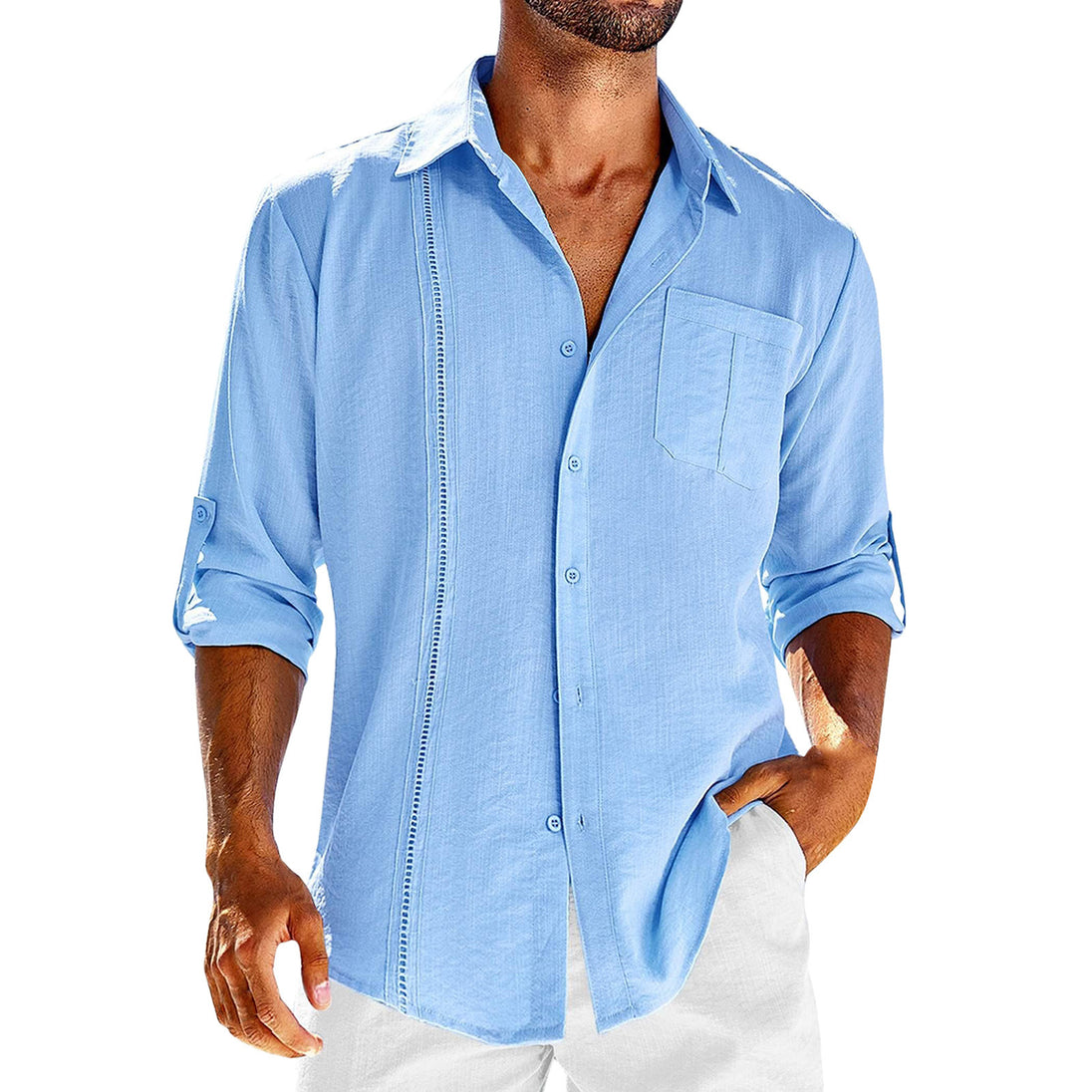 Men Button Down Linen Shirts Casual Long Sleeve Regular Fit Cotton Beach Shirts Pocket Lace Polo Collar Sky Blue Men Clothing Zimivas