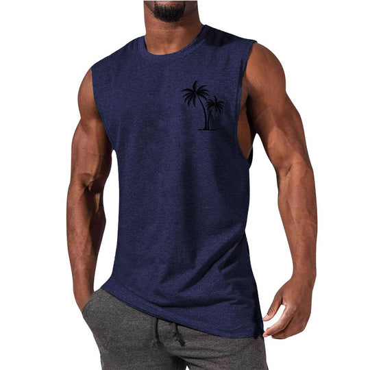 Coconut Tree Embroidery Vest Summer Beach Tank Tops Workout Muscle Men Sports Fitness T-shirt Navy Blue Men Clothing Zimivas