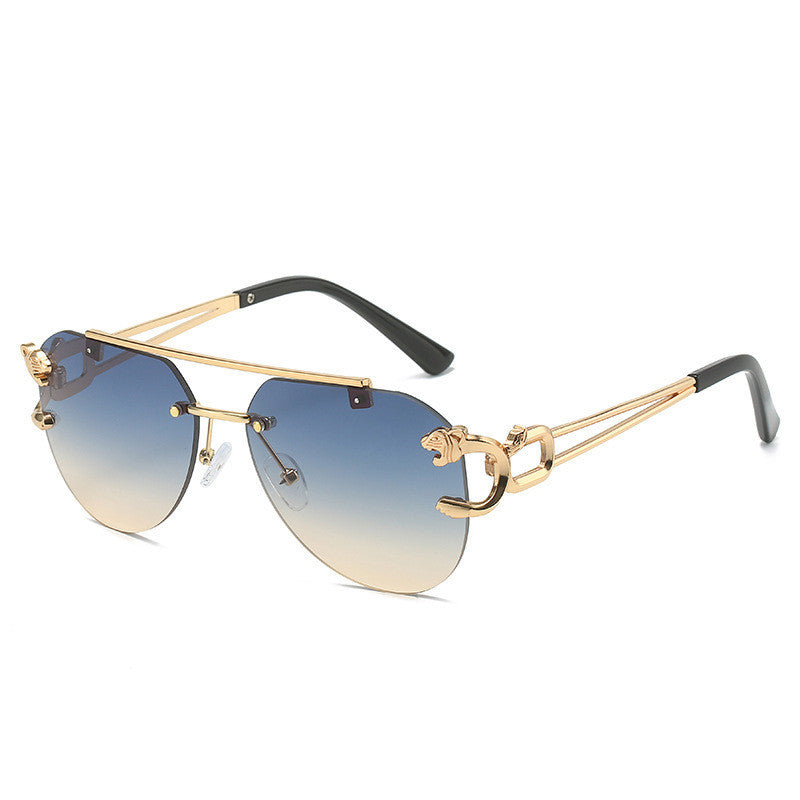 Rimless Leopard Head Sunglasses Women Men's Double Beam Personality Blue above yellow Sunglasses Zimivas