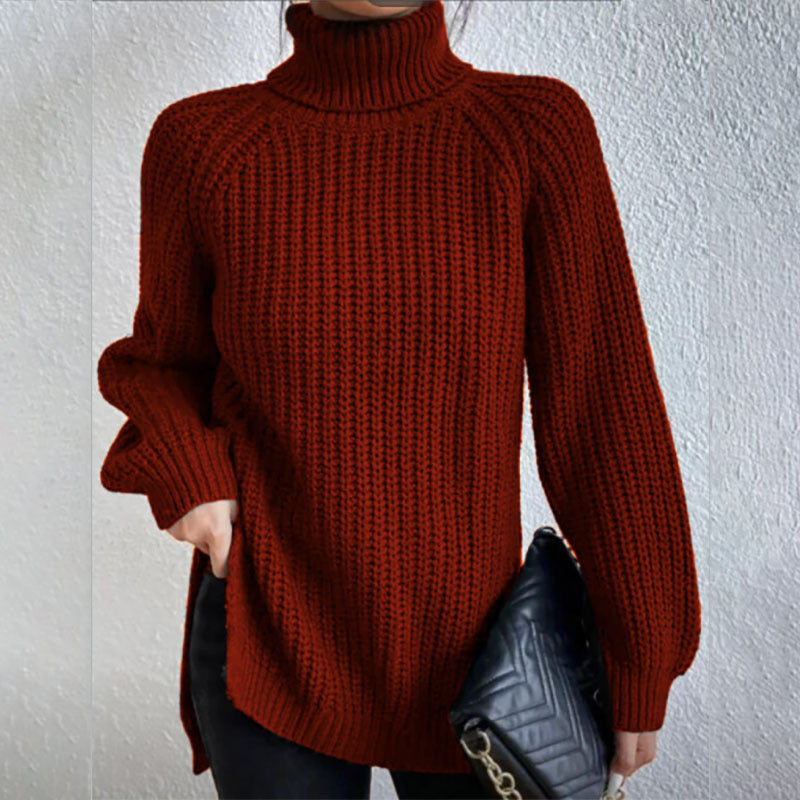 Turtleneck Pullover Sweater With Split Design Fashion Simple Solid Color Long Sleeve Tops Women's Clothing Dark Red Women Clothing Zimivas