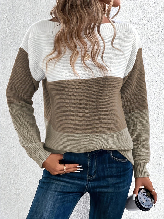 Pullover Knitted Sweater Fashion Round Neck Splicing Knitwear Loose Top Women's Clothing Brown Women Clothing Zimivas