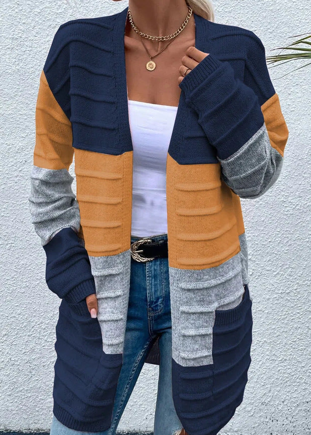 Women's Sweater Jacket with Big Pockets Autumn and Winter Long Striped Color Matching Cardigan Blue Orange Women Clothing Zimivas