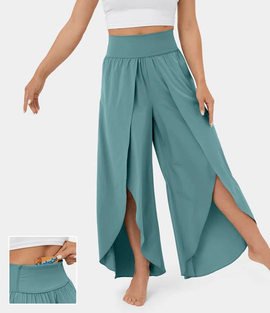 Loose Split Yoga Pants Summer Elastic High Waist Wide Leg Trousers Women's Fashion Versatile Clothing Lake green Women Clothing Zimivas