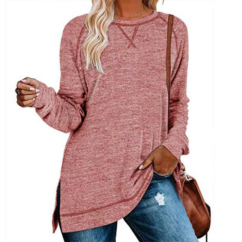 Women's Long Sleeve Loose Casual Fall Pullover Solid Color Top Pink Women Clothing Zimivas