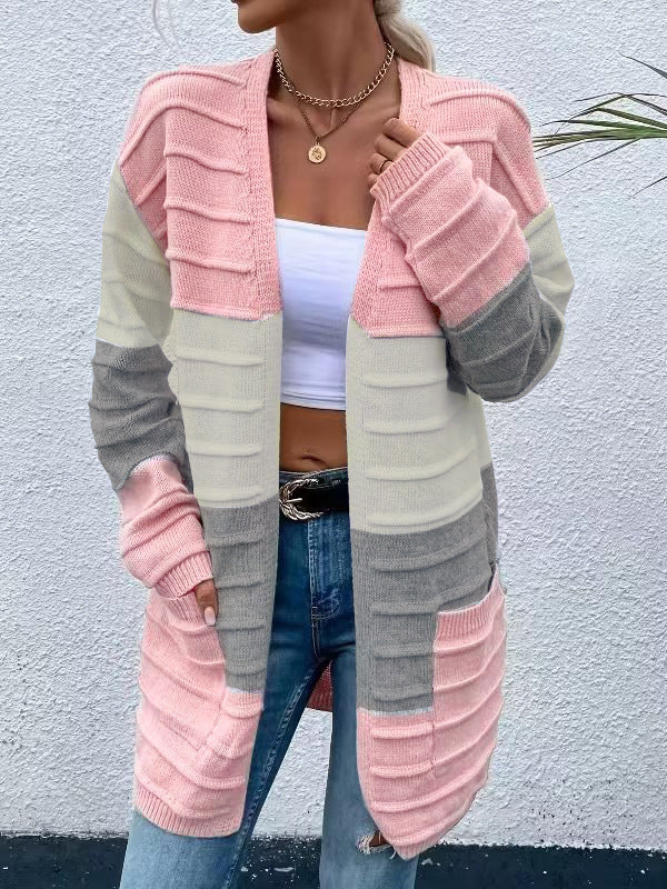 Women's Sweater Jacket with Big Pockets Autumn and Winter Long Striped Color Matching Cardigan Pink And White Women Clothing Zimivas