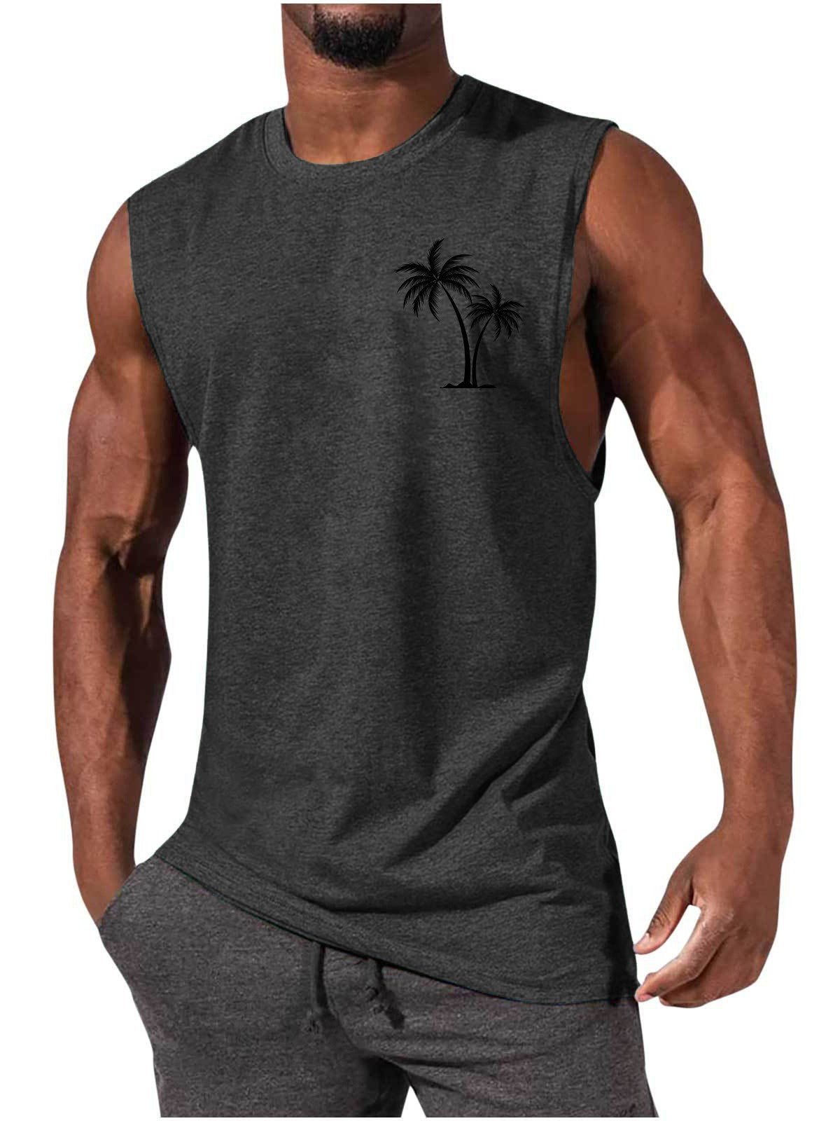 Coconut Tree Embroidery Vest Summer Beach Tank Tops Workout Muscle Men Sports Fitness T-shirt Dark Grey Men Clothing Zimivas