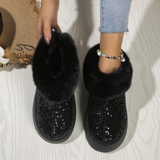 Fashion Sequined Thick-soled Plush Shoes Winter Indoor And Outdoor Casual Warm Slippers for Women Garden House Shoes shoes Zimivas