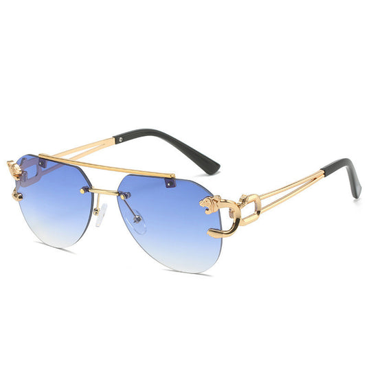 Rimless Leopard Head Sunglasses Women Men's Double Beam Personality Gradient blue Sunglasses Zimivas