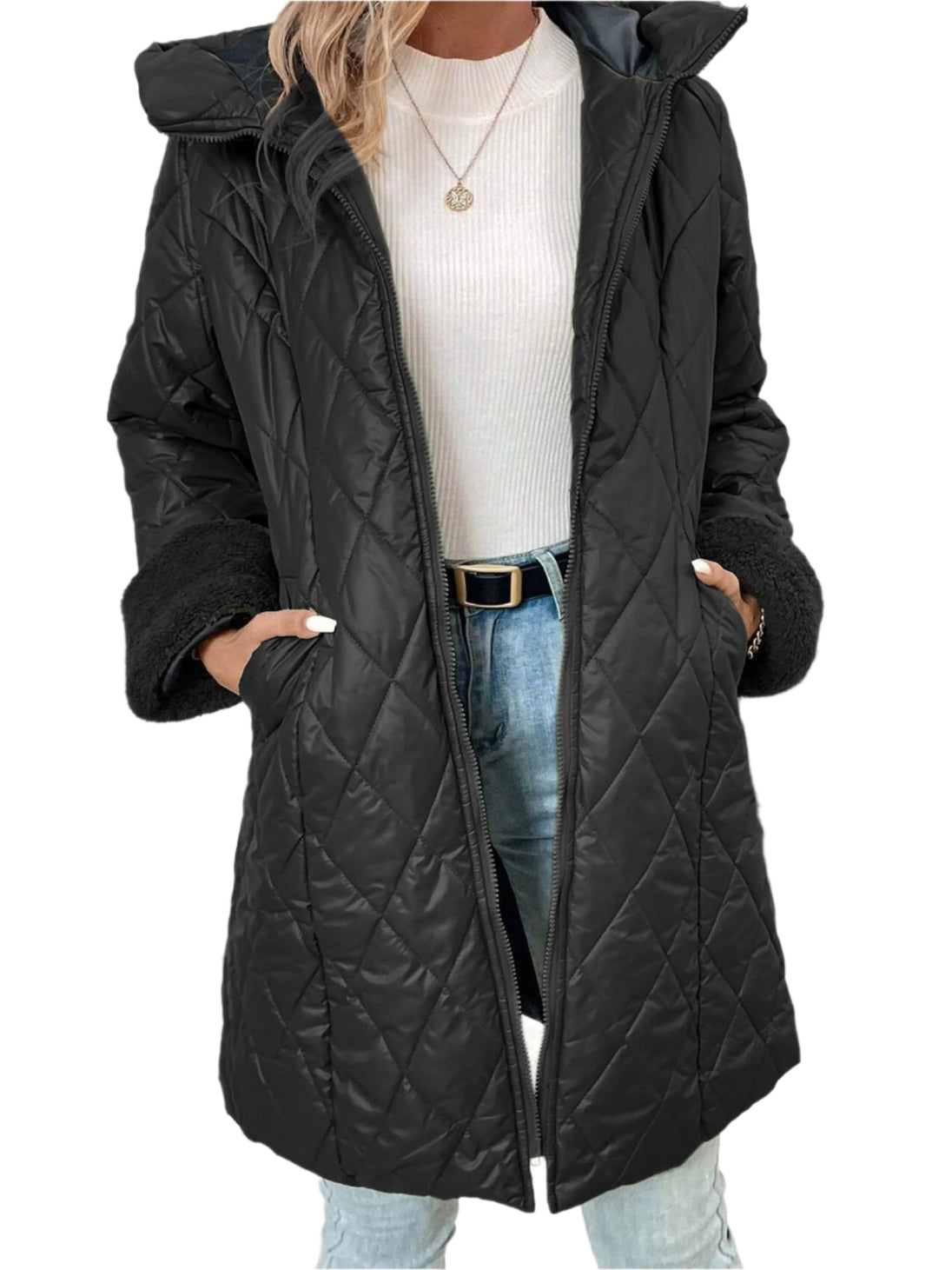 women Coats & Jackets Pure Color Cotton Clothing Hooded Quilted Down Jacket Winter Fashion Wrap Coat Long Sleeve Padded Puffer Outerwear with Pockets Black Women Clothing Zimivas