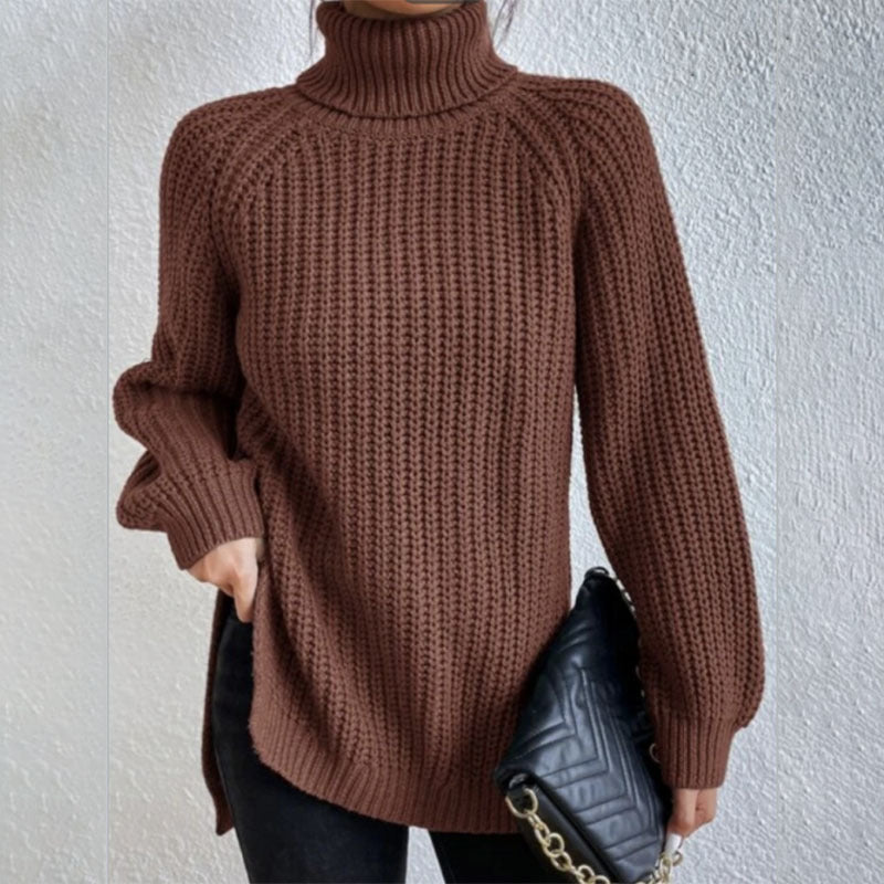 Turtleneck Pullover Sweater With Split Design Fashion Simple Solid Color Long Sleeve Tops Women's Clothing Maroon Women Clothing Zimivas