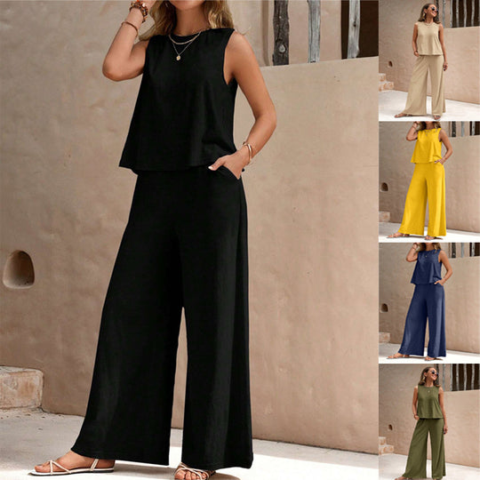 Solid Color Casual Loose Pants Sets For Women Elegant Spring Summer Women's Two Pieces Suit Full Trouser Set Female Outfit Clothes 0 null