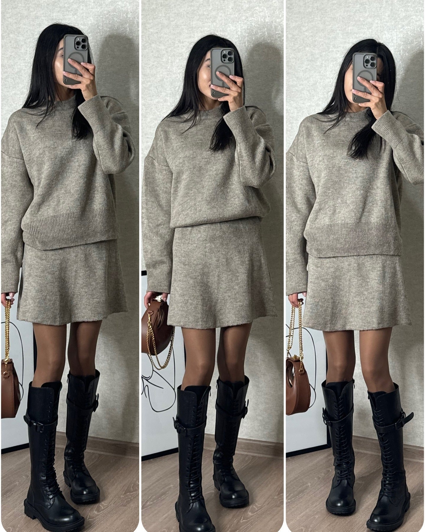 Sweater Skirt Sets For Women 2 Pieces Knit Casual Versatile Long Sleeve Pullover Elegant Solid High Waist Mini Skirt Outfit Light Gray Women Clothing Zimivas