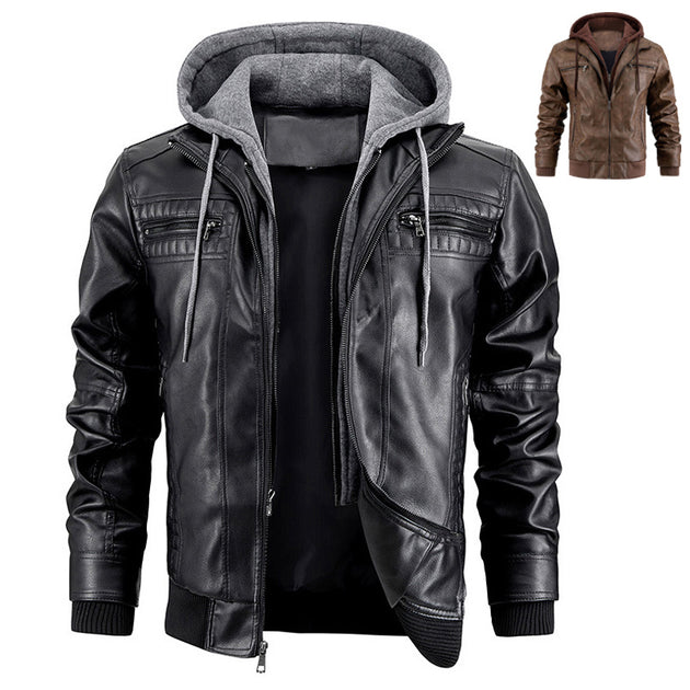 Hooded Jacket With Zipper Pockets Fashion Warm Pu Leather Coat Mens Clothing 0 null