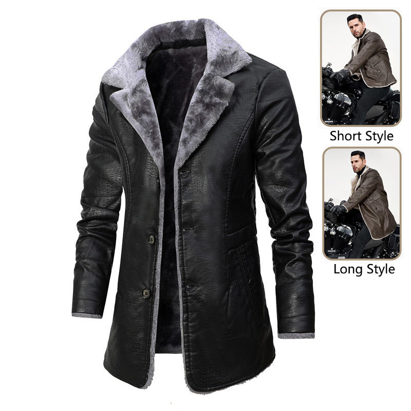 Plush Lapel Leather Jacket Winter Warm Fleece Single-breasted Coat For Men Long Clothing 0 null