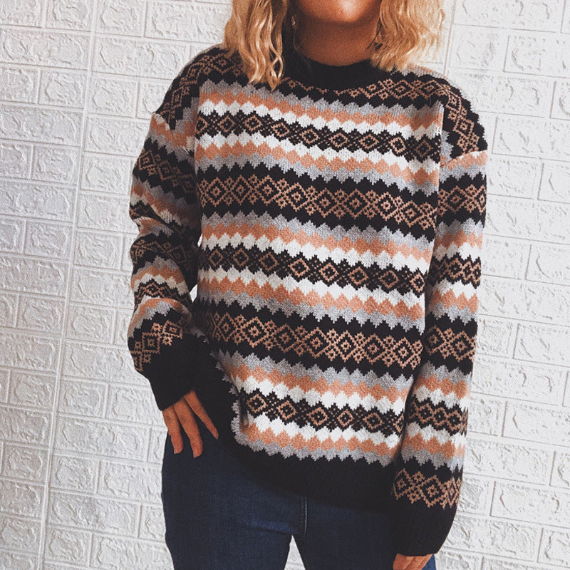 Retro Pattern Round Neck Long Sleeve Knitted women Pullover Sweater Black Women Clothing Zimivas