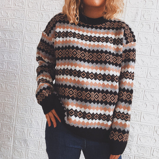 Retro Pattern Round Neck Long Sleeve Knitted women Pullover Sweater Black Women Clothing Zimivas