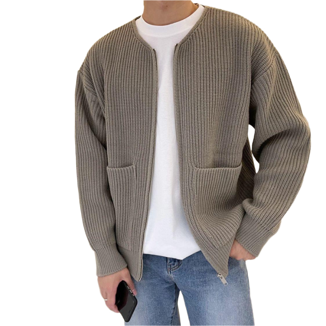 Men Zip Up Knitted Cardigan Lined Funnel Neck Jumper Sweater Pockets Coat All Seasons Comfortable Soft Long Sleeve Men Clothing Zimivas