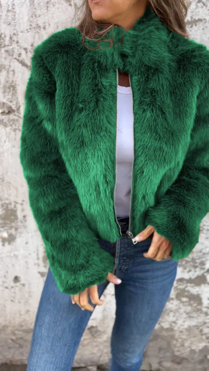 Fashion Stand Collar Plush Jacket Winter Casual Turtleneck Zipper Coat Fleece Tops Women's Clothing Green Women Clothing Zimivas