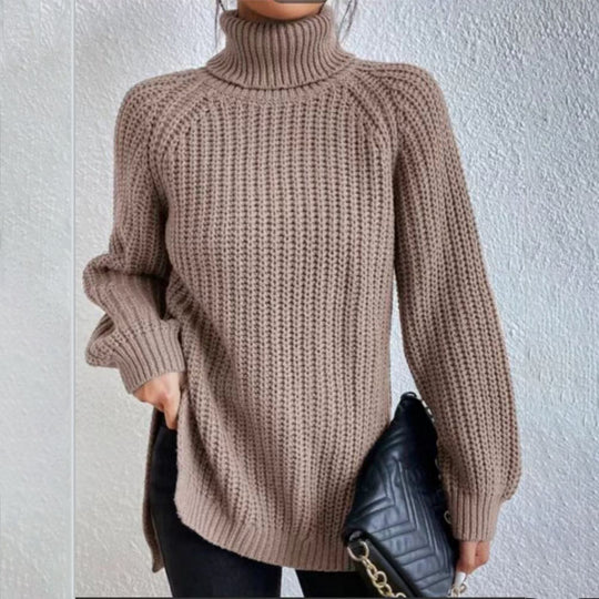 Turtleneck Pullover Sweater With Split Design Fashion Simple Solid Color Long Sleeve Tops Women's Clothing Khaki Women Clothing Zimivas