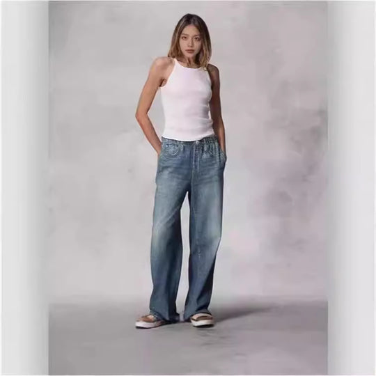 Retro Mid-waist Women's Jeans Loose Wide-leg Plus Size Straight-leg Pants 0 null