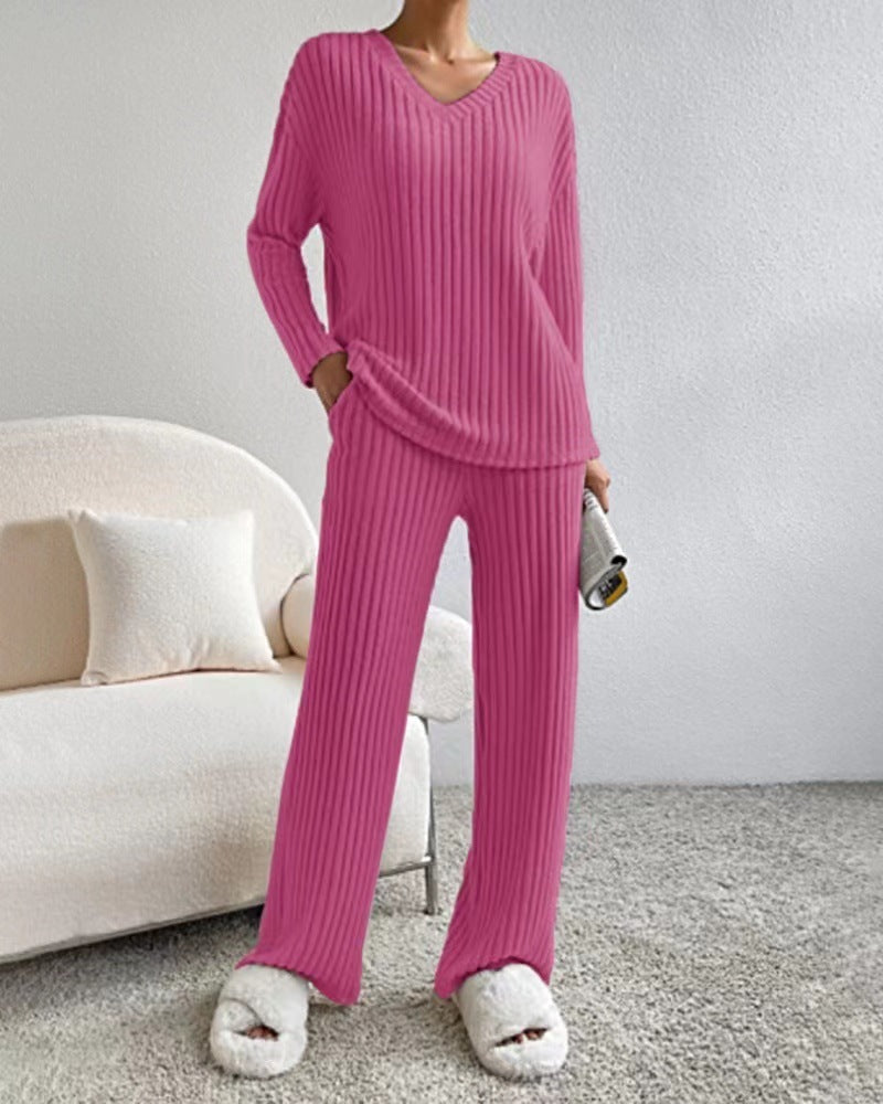 Fashion Solid Striped Suit V-neck Long-sleeved Top And Casual Straight Pants Loose Temperament Women's Clothing Rose Red 4 null